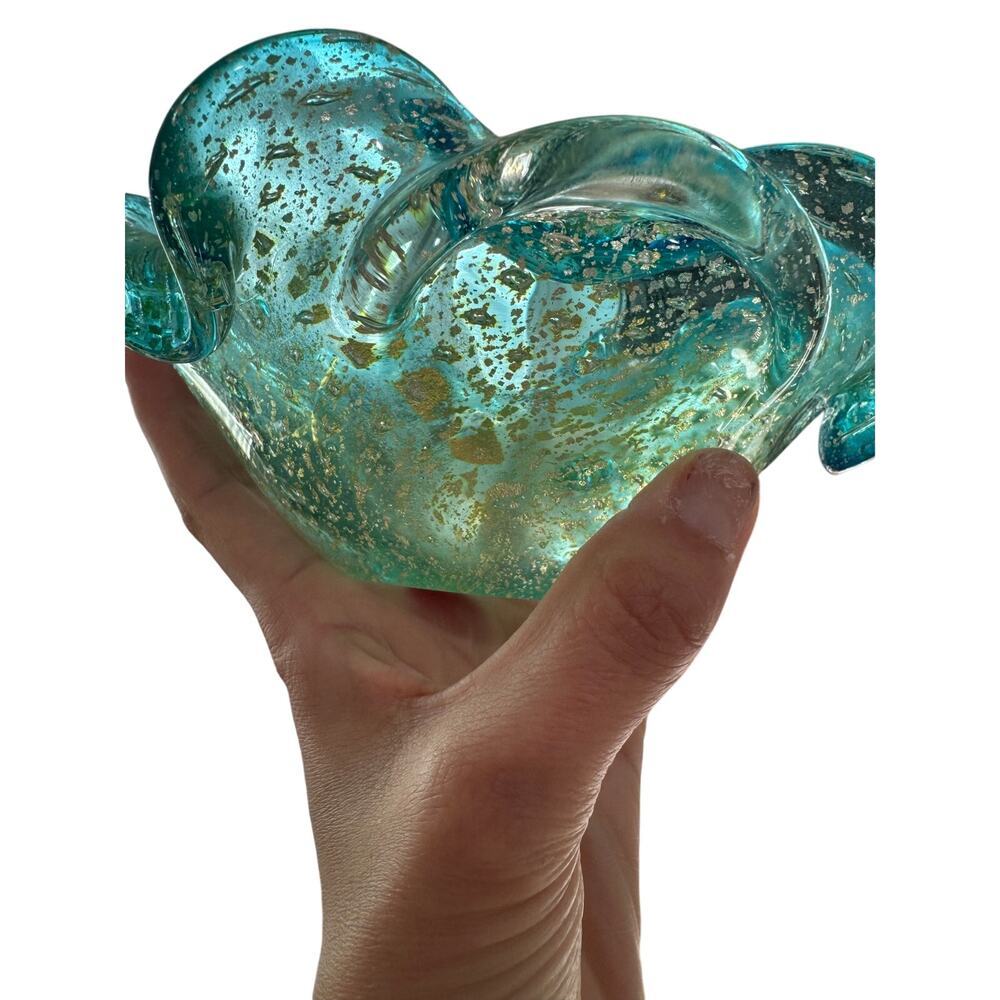 Vtg Murano Bollinato Blue Metallic Gold Fleck Scalloped Art Glass Bowl Ashtray - Picture 16 of 16